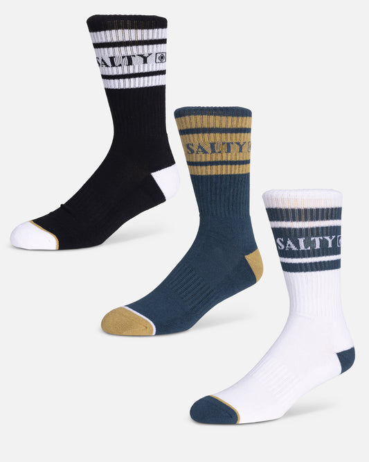 The Salty Crew Flagship 3-Pack Sock Box includes three pairs of assorted crew socks in size 7-11, each with SALTY text and contrast accents: black with stripes, blue with gold stripes, and white with teal stripes.