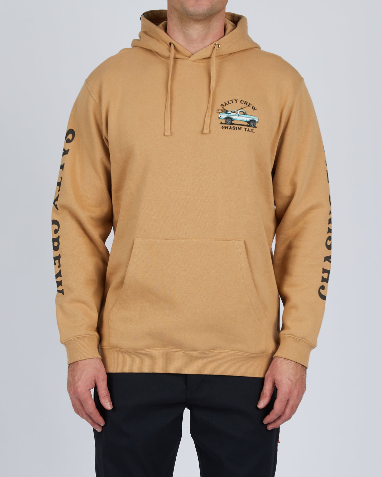 On body front of the Off Road Sandstone Hood Fleece
