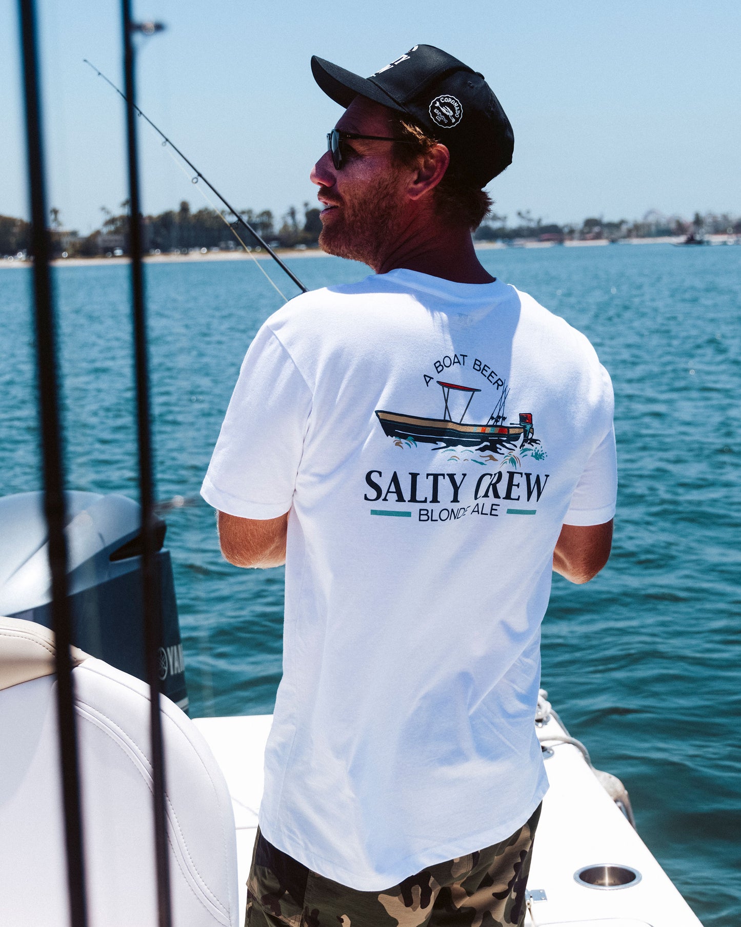 On-body back view of the Salty Brew Tee - White.