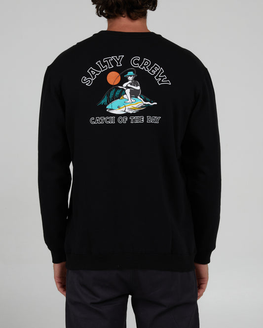 back view of Catch Of The Day Black Crew Fleece 