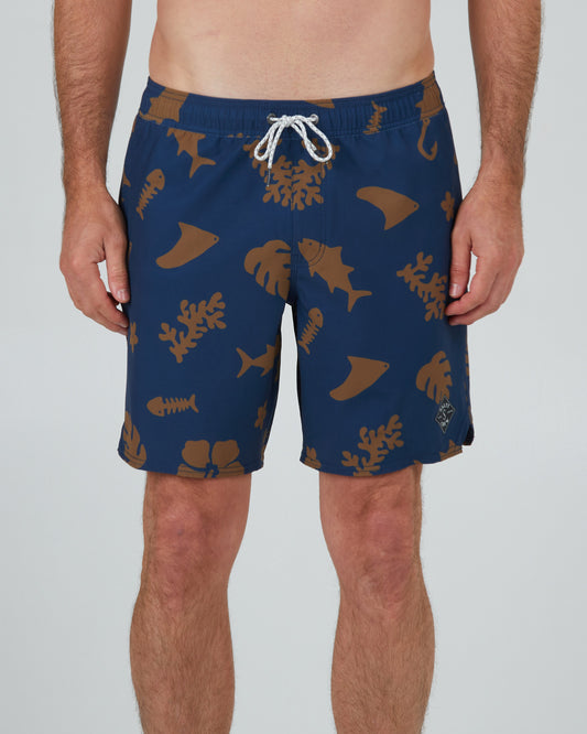 front view of Lowtide Navy/Gold Elastic Boardshort