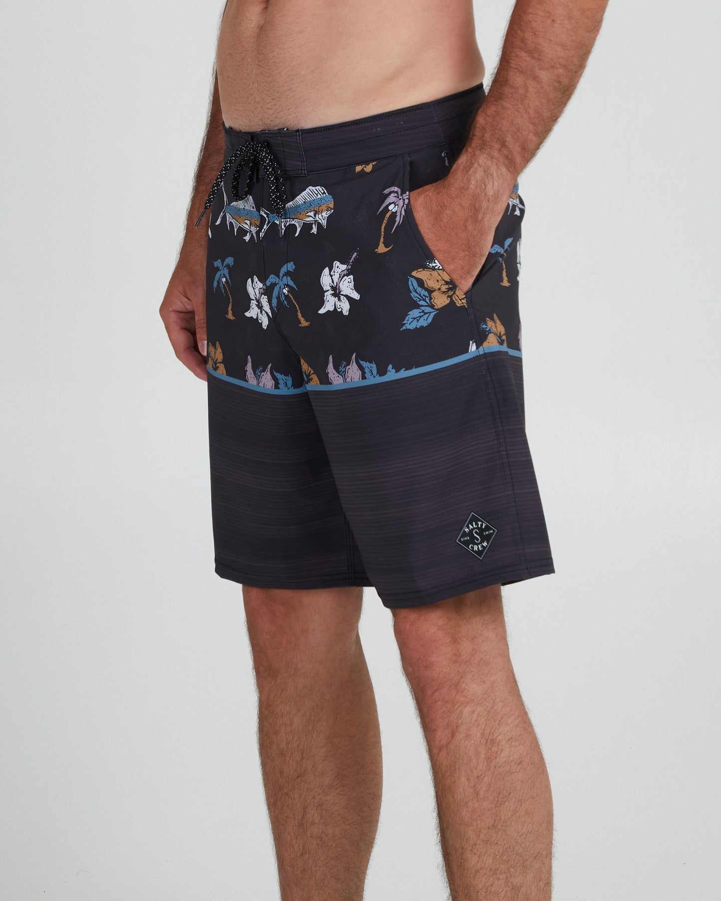 On body front angled view of the Tandem Black/Black Boardshort