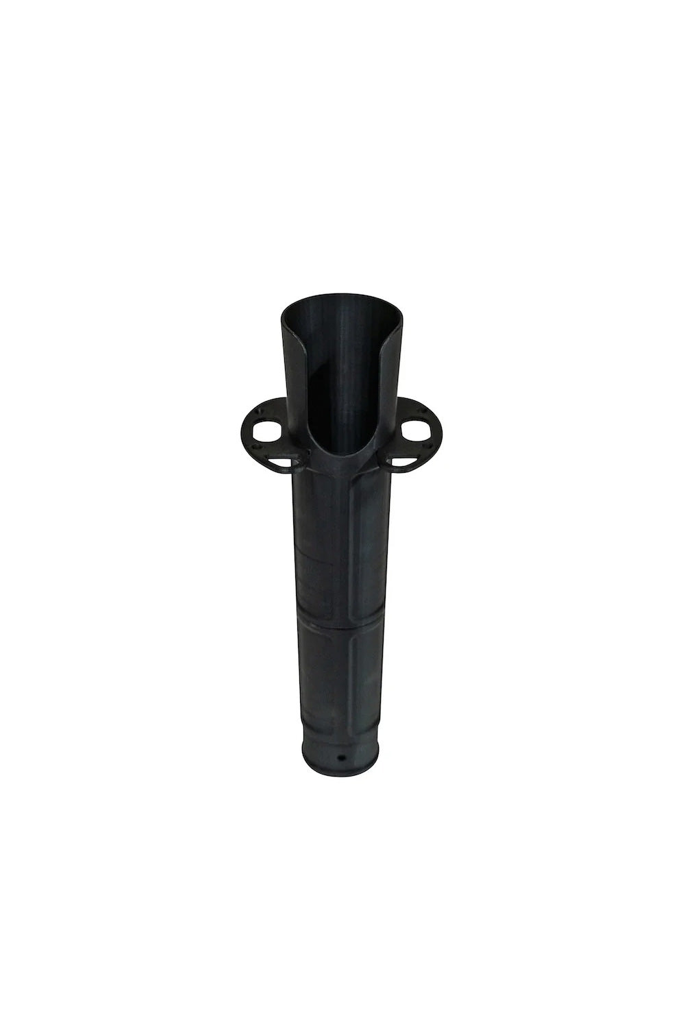 The PARKIT Co. Parkit x Salty Crew Voyager Accessory Mount is a black plastic, cylindrical rod holder with side mounting holes and a flared top, designed for secure rod placement on flat surfaces.