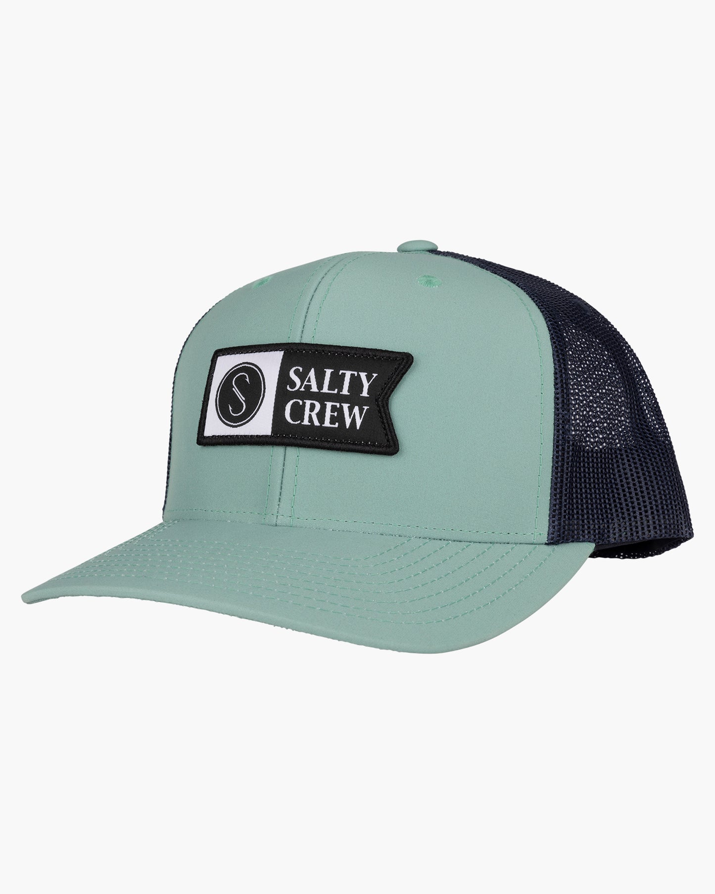 front of the Pinnacle 2 Spinach/Navy Retro trucker