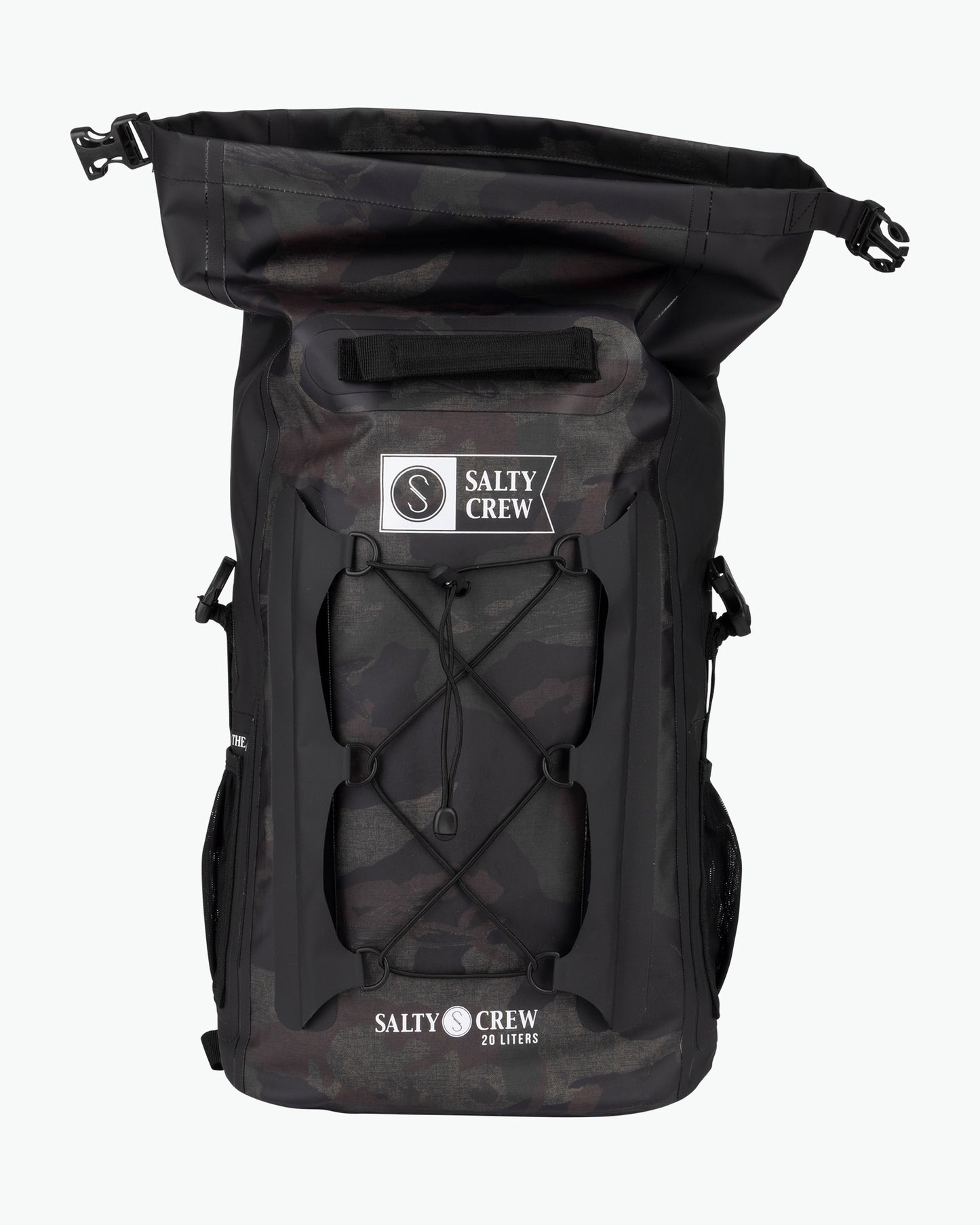 front view top open of Voyager Camo Roll Top Backpack