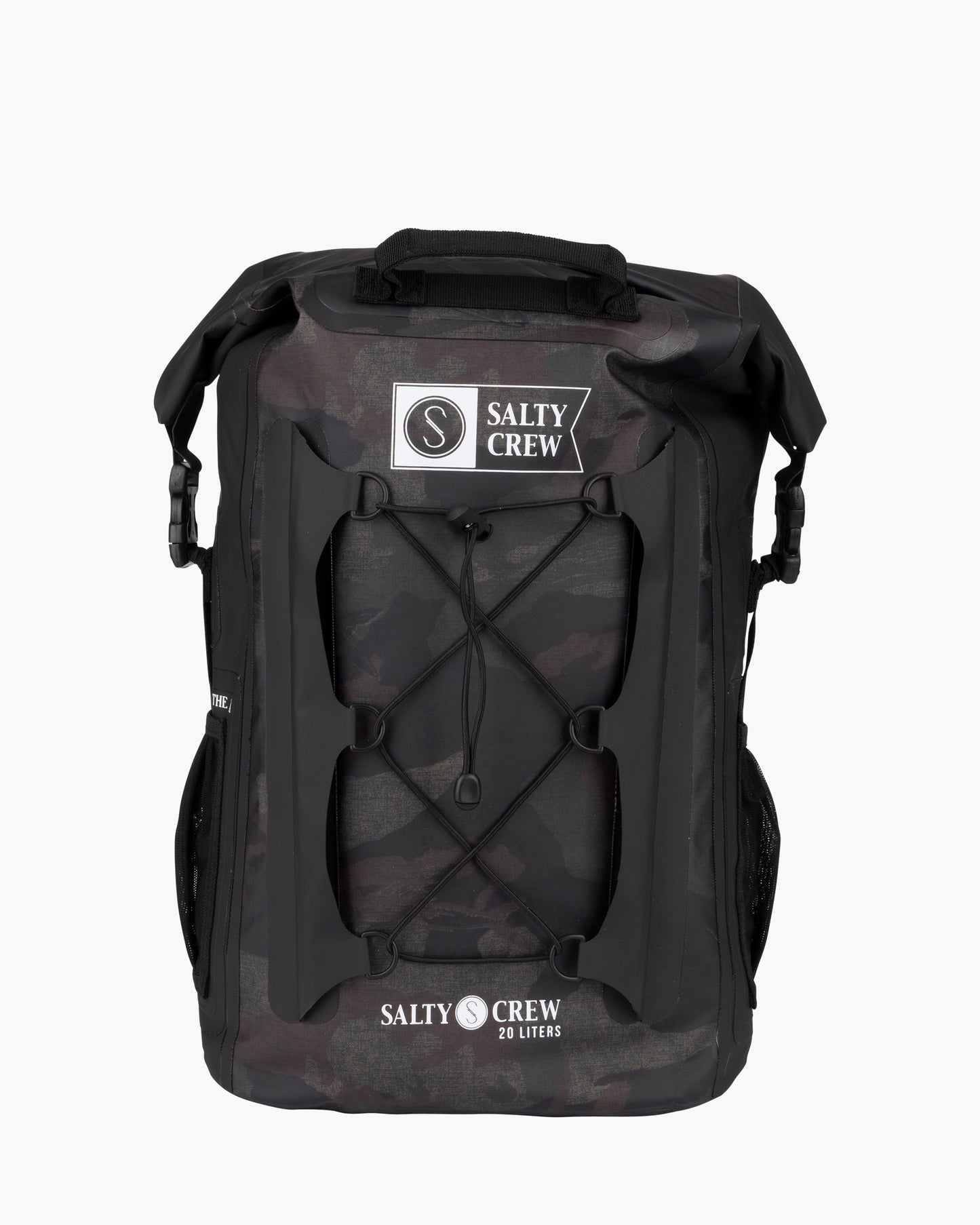 closed top front view of Voyager Camo Roll Top Backpack
