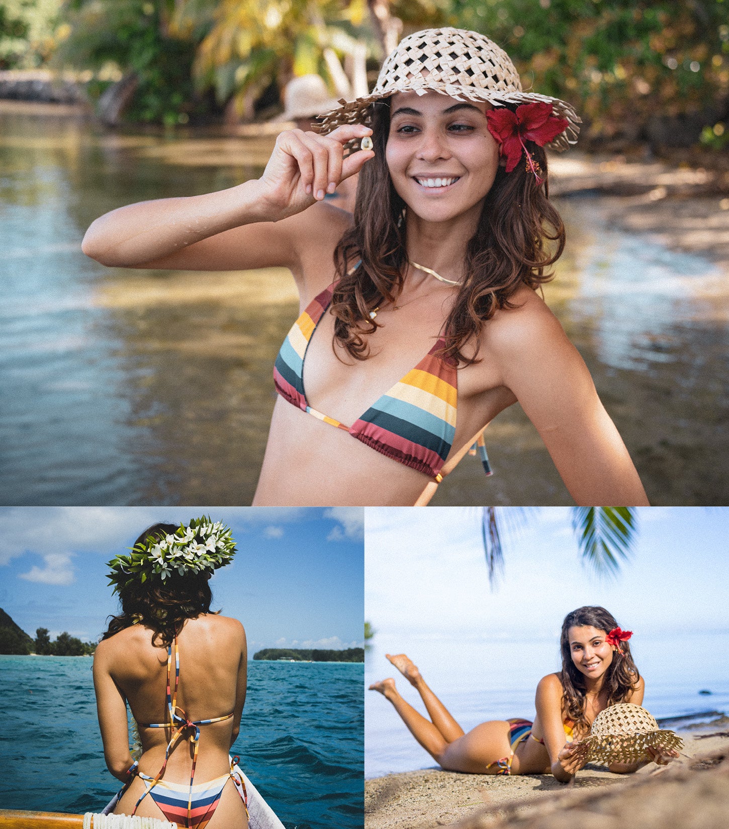 Three images of model wearing one of the Women's Salty Crew Swimwear