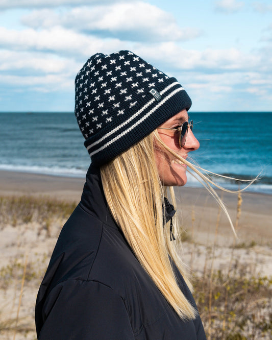 Lifestyle shot of the Starlight Beanie - Dark Navy.