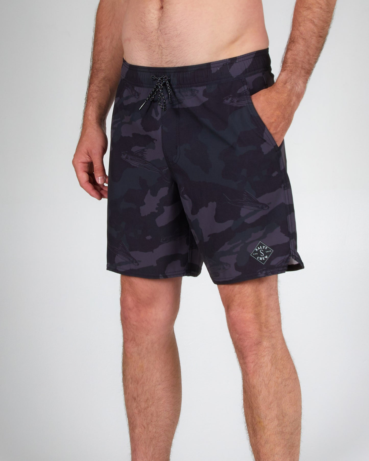 on body front angled of the Lowtide Black Camo Elastic Boardshort