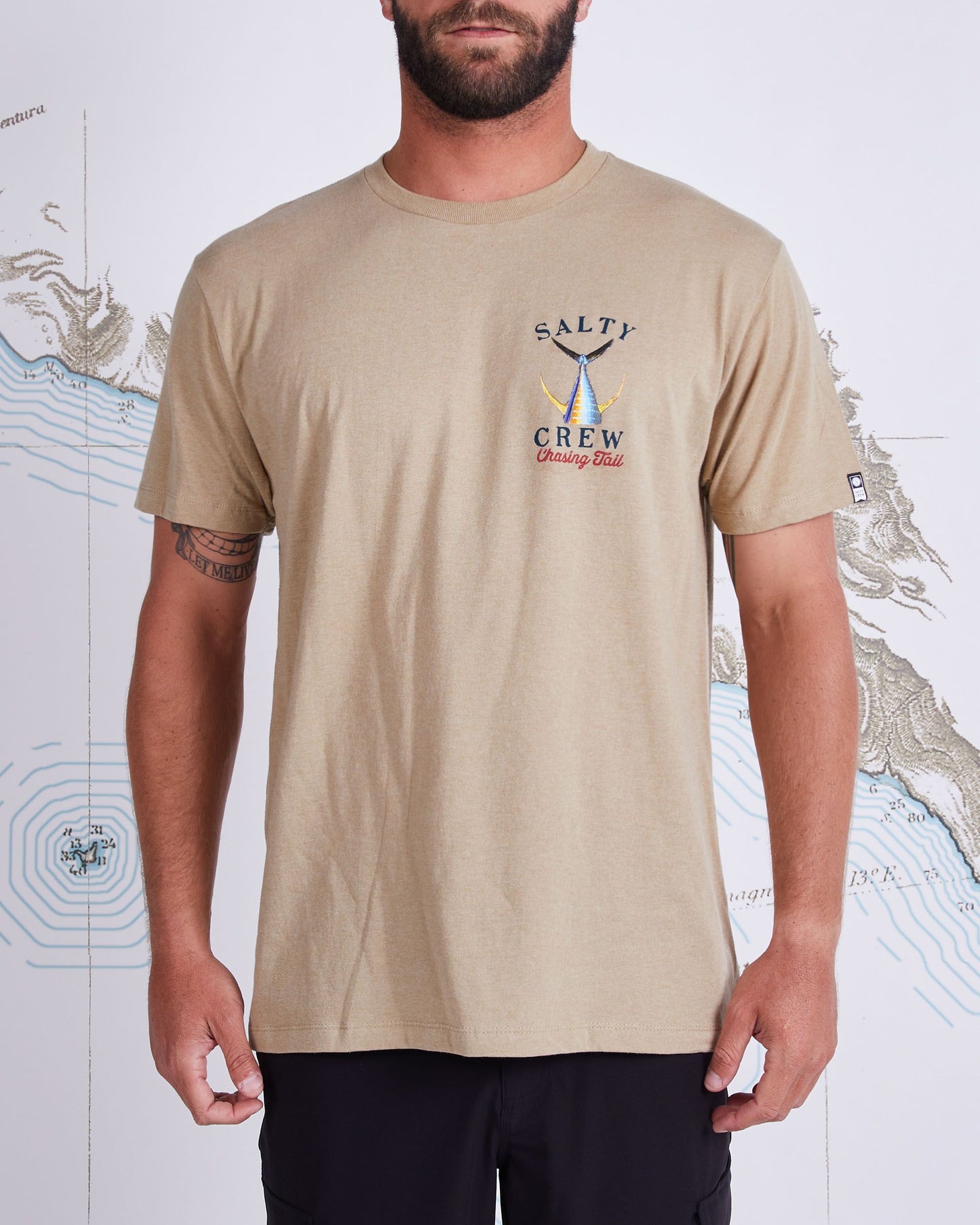 On body front of Tailed Khaki Heather S/S Standard Tee