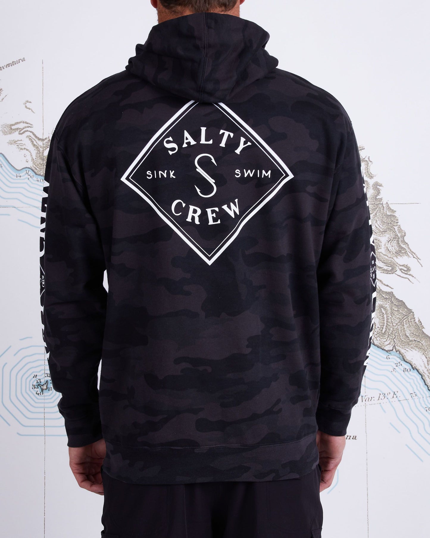 On body back of Tippet Black Camo Hood Fleece