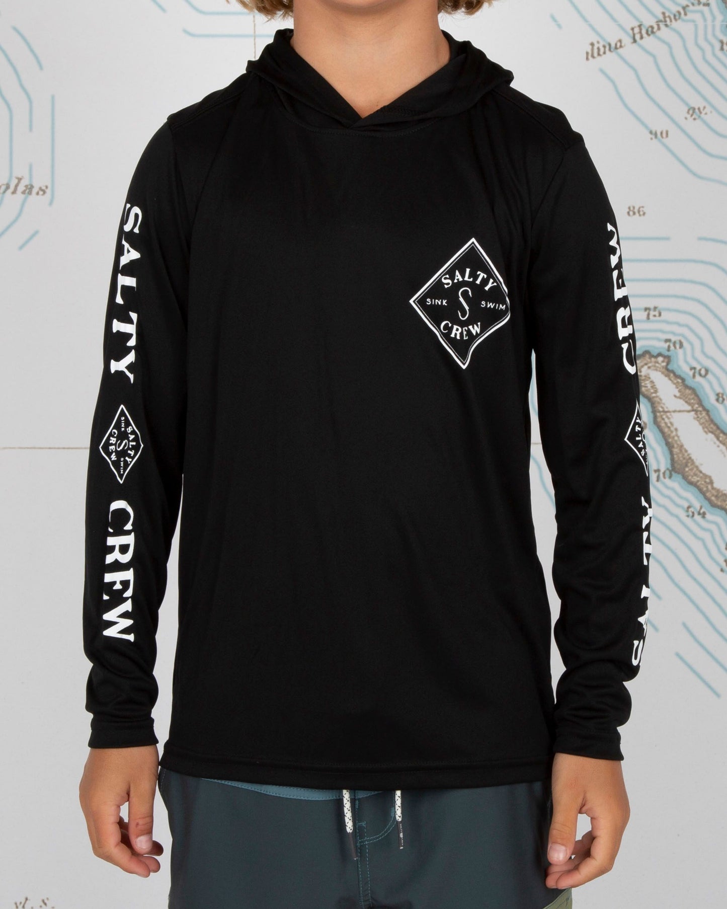 On body front of Tippet Boys Black Hood Sunshirt