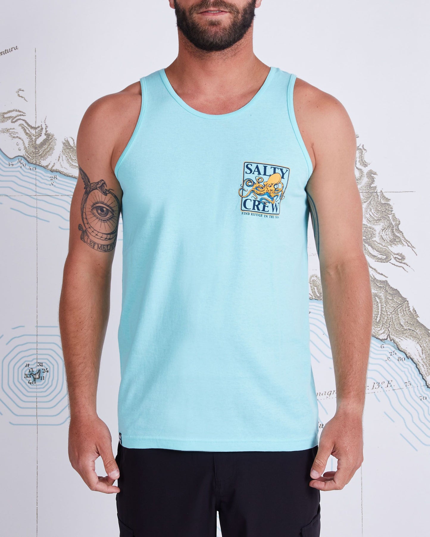 On body front of Ink Slinger Sea Foam Tank