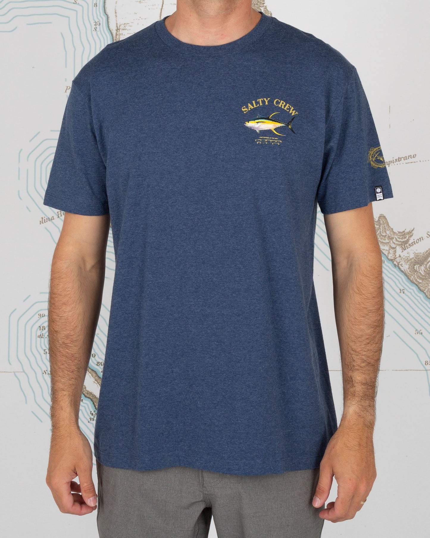 On body front of Ahi Mount Navy/Heather S/S Standard Tee