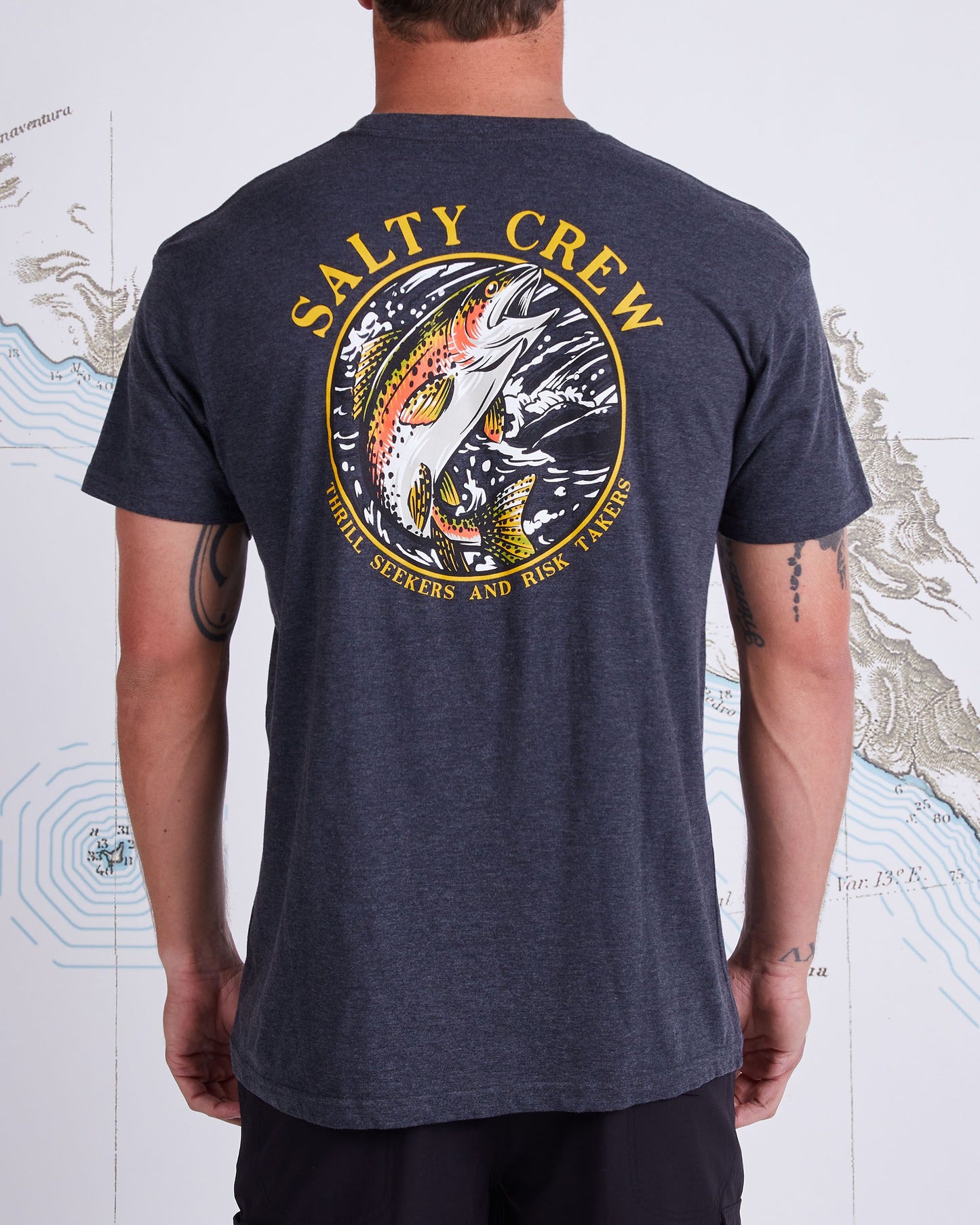 On body back of Rainbow Charcoal Heather Premium S/S Tee