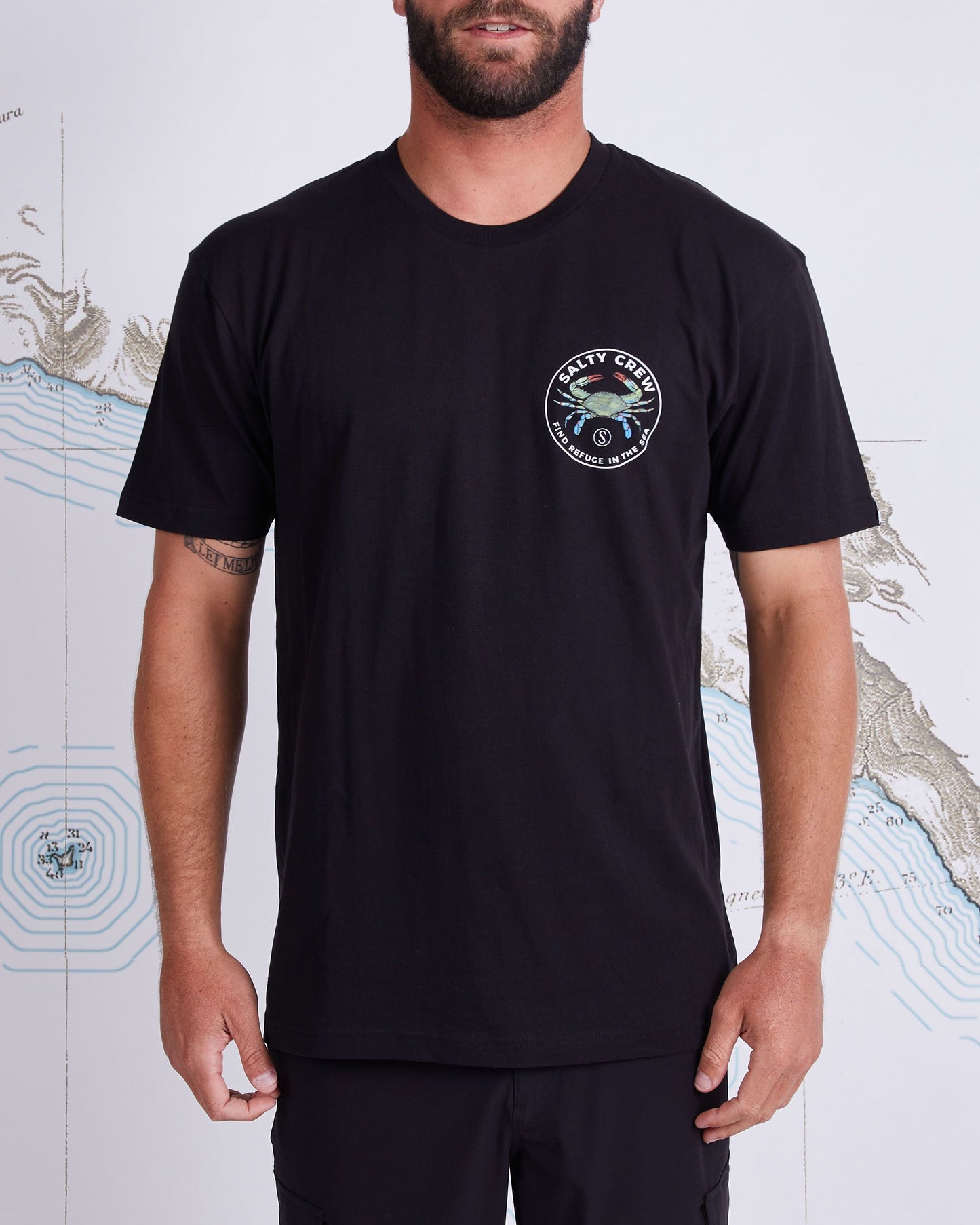 On body front of Blue Crabber Black S/S Premium Tee