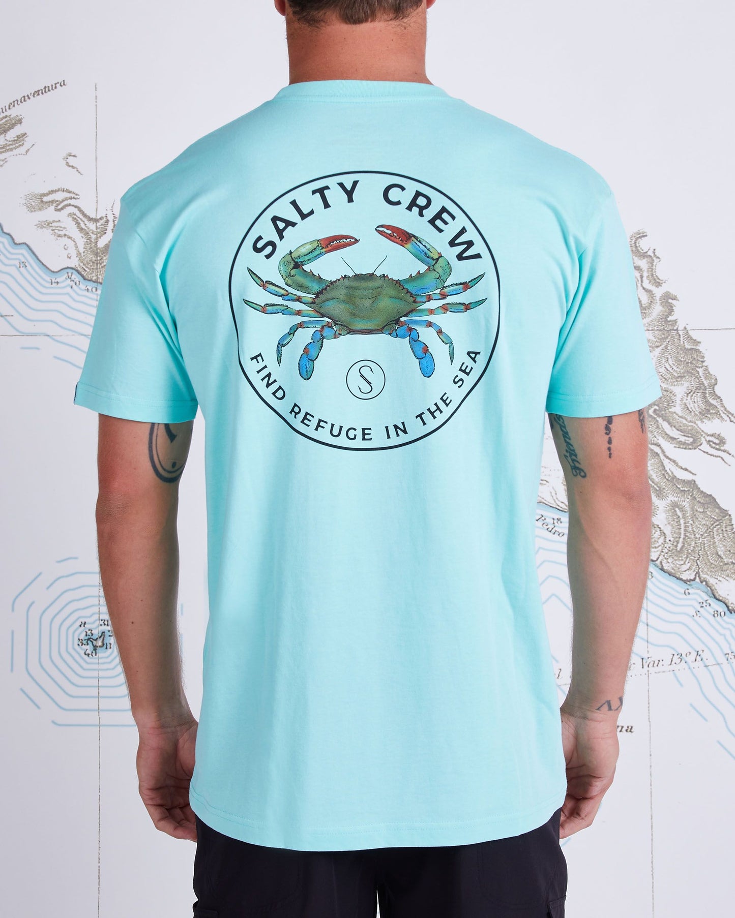 On body back of Blue Crabber Sea Foam S/S Premium Tee