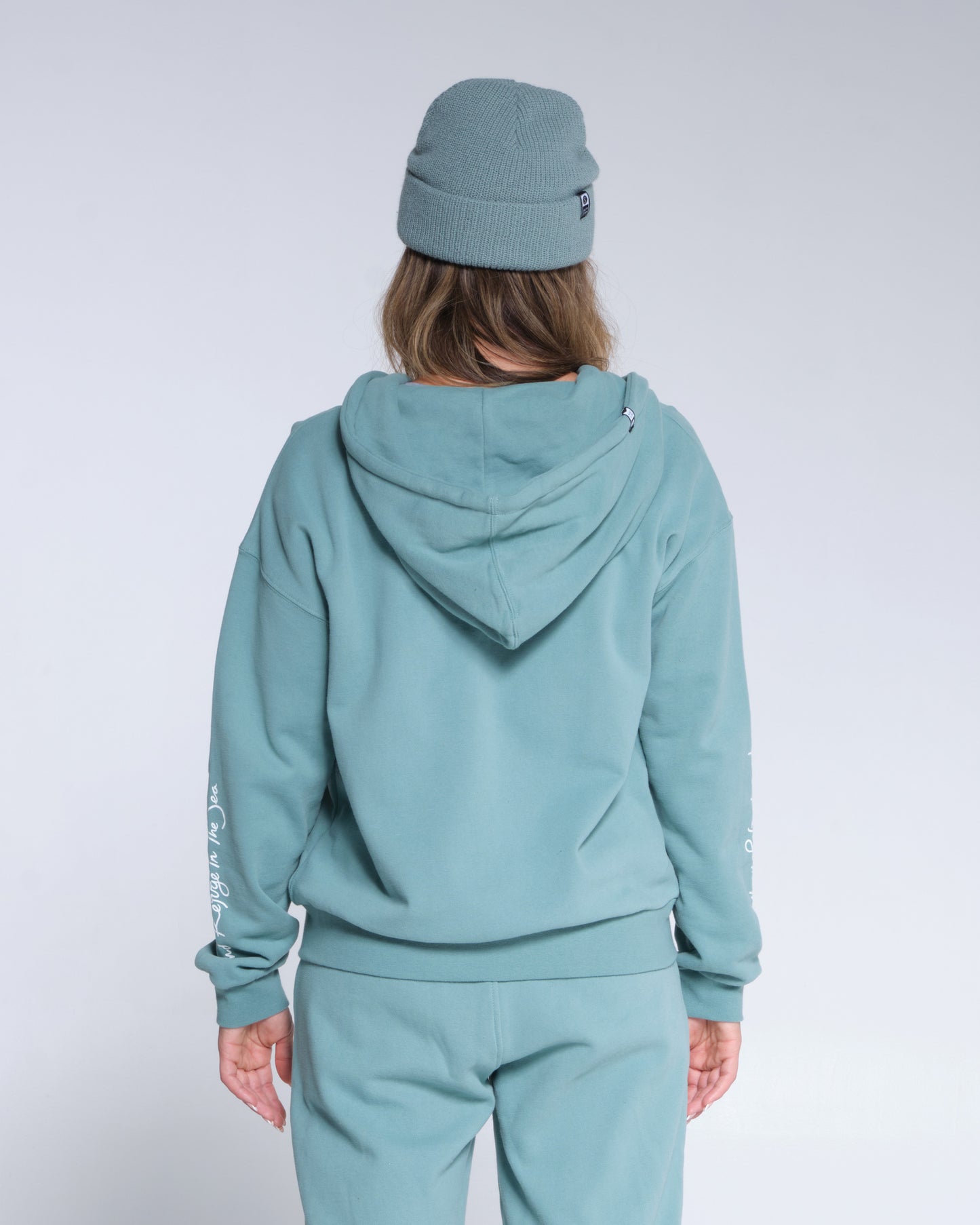 back view of Alpha Dusty Turq Zip Hoody
