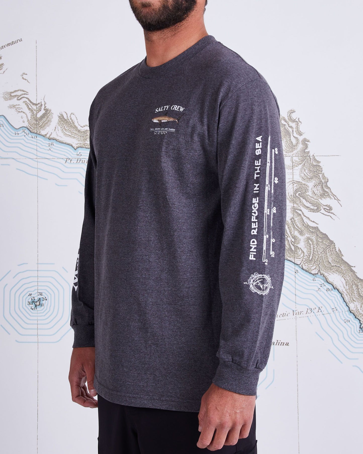 On body front angled of Bruce Charcoal Heather L/S Standard Tee