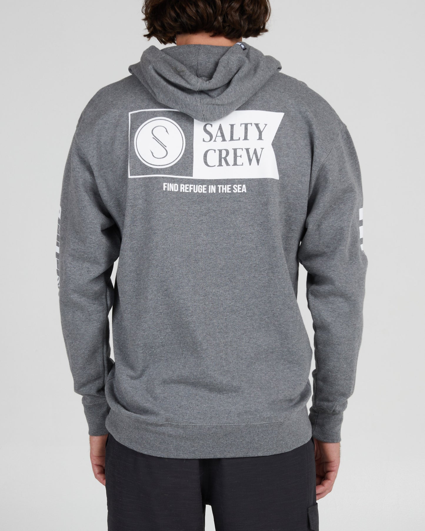 On body back of the Alpha Gunmetal Heather Hood Fleece