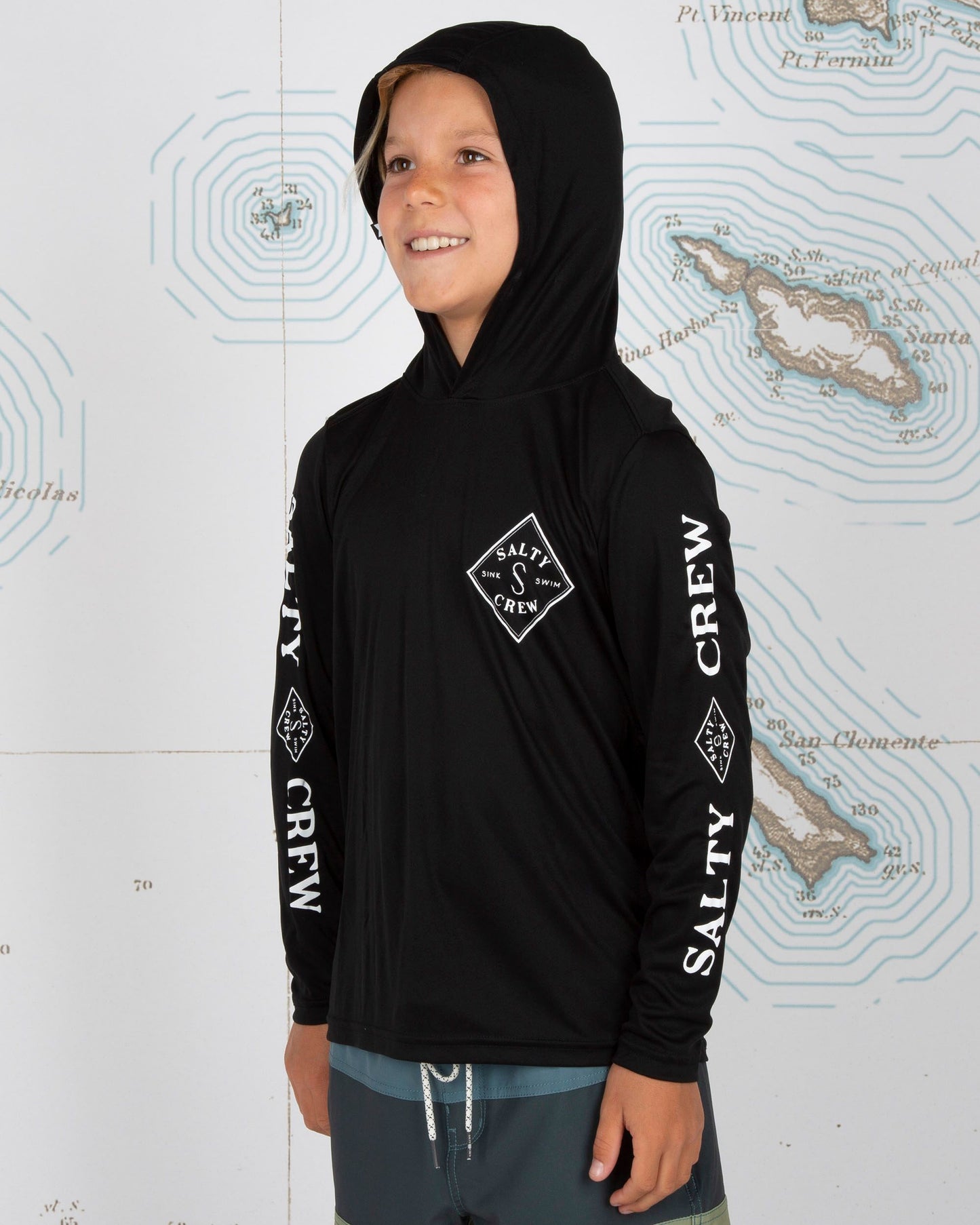 On body front angled of Tippet Boys Black Hood Sunshirt