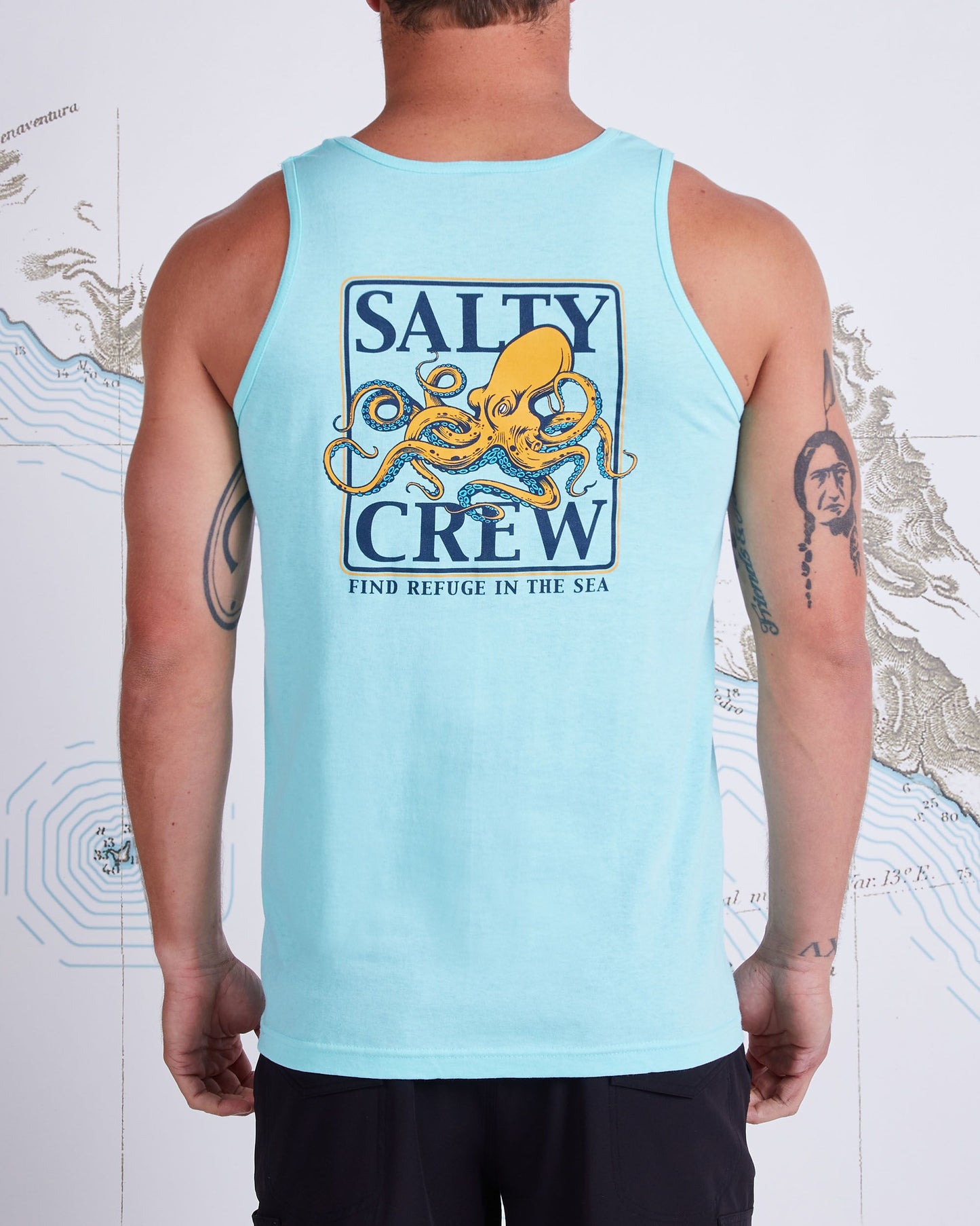 On body back of Ink Slinger Sea Foam Tank