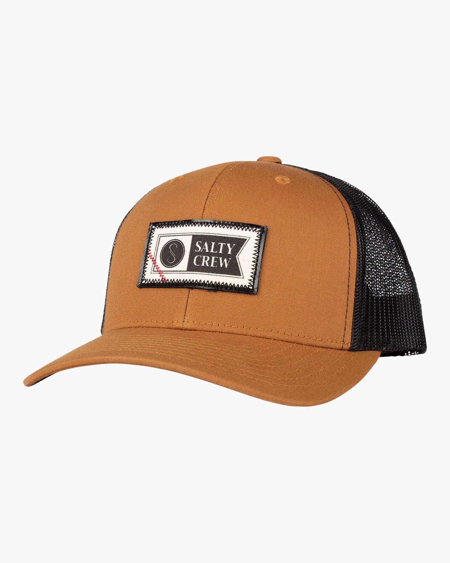 Front of Topstitch Camel/Black Retro Trucker