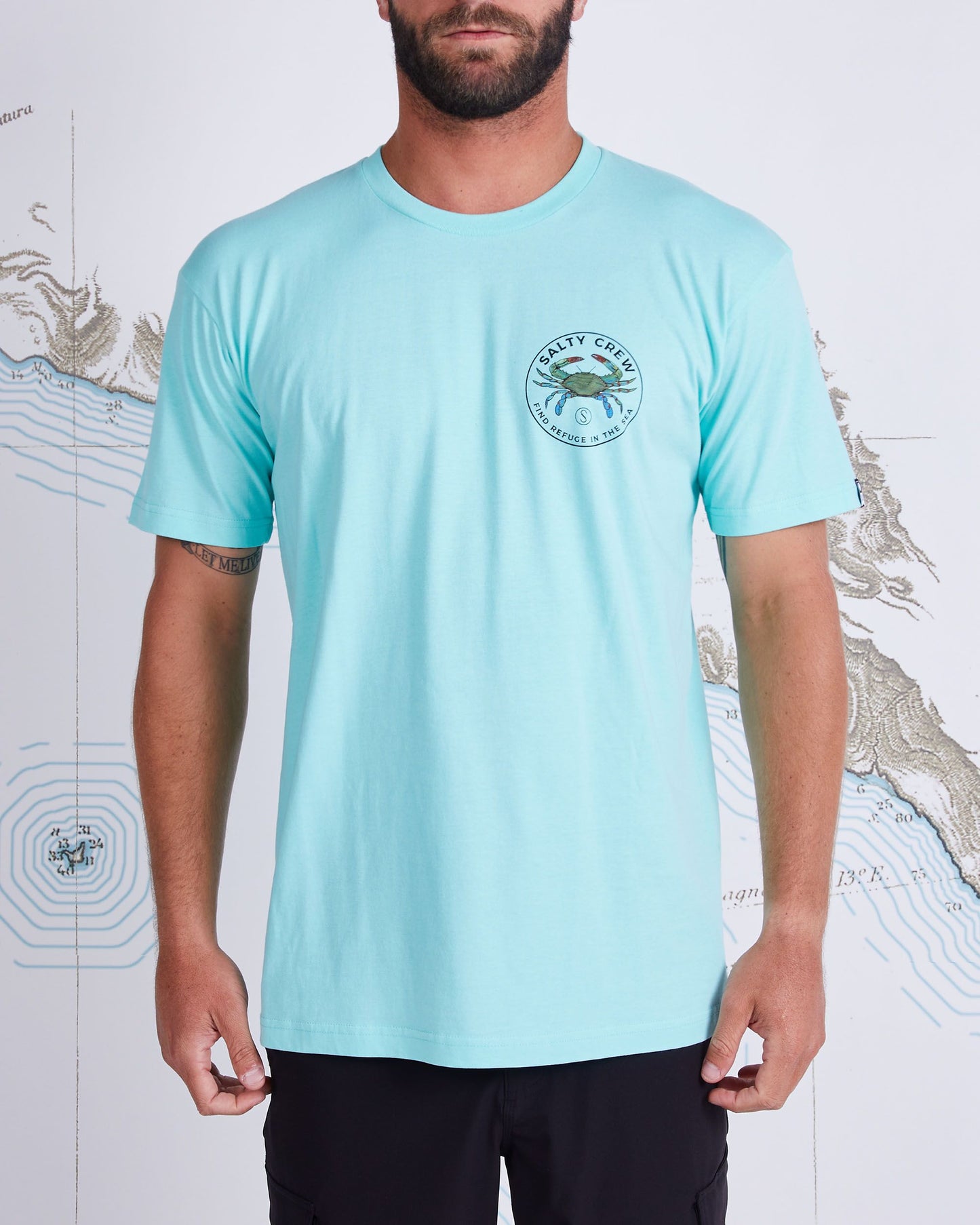 On body front of Blue Crabber Sea Foam S/S Premium Tee
