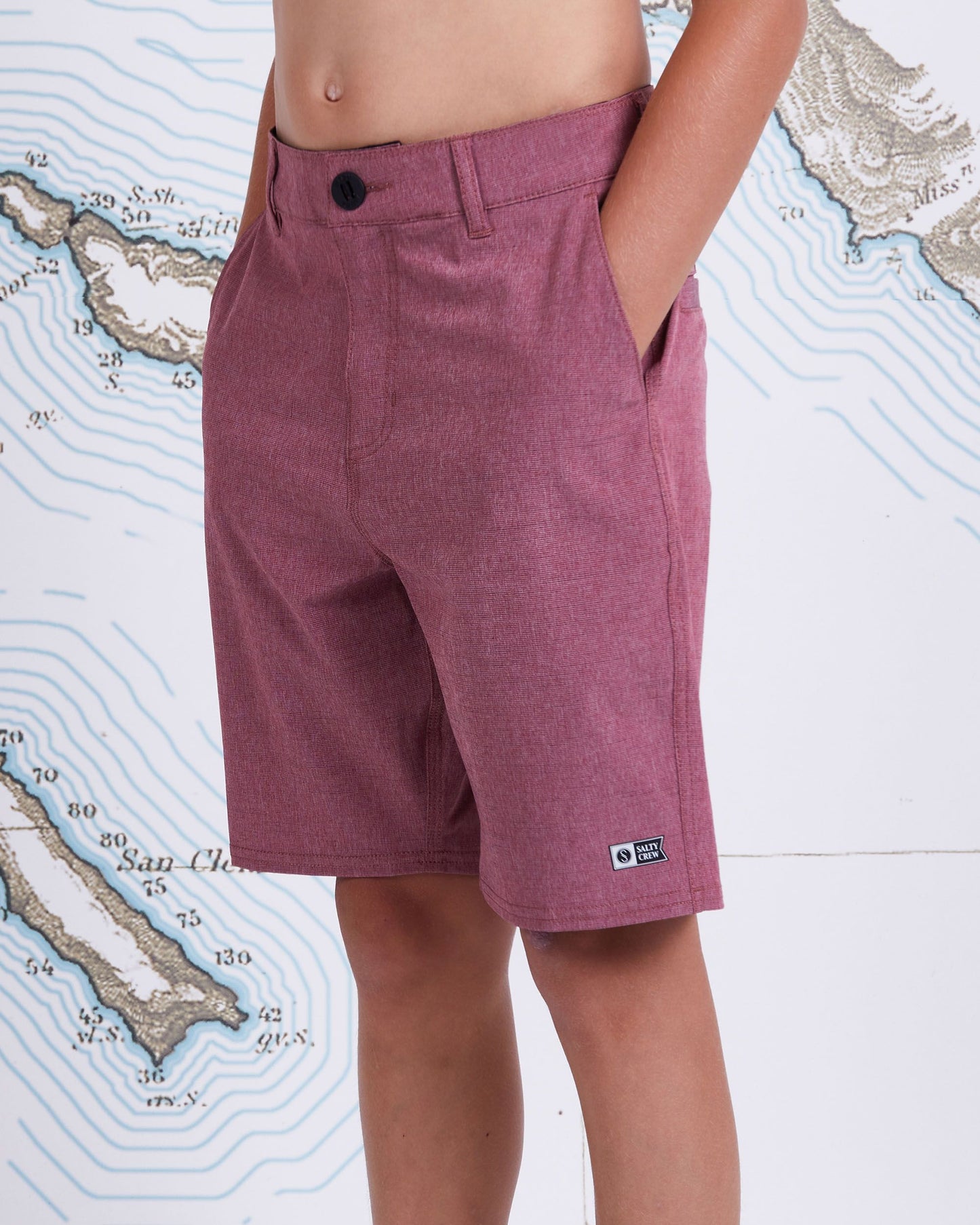 On body front angled of Drifter 2 Boys Redwood Hybrid Short