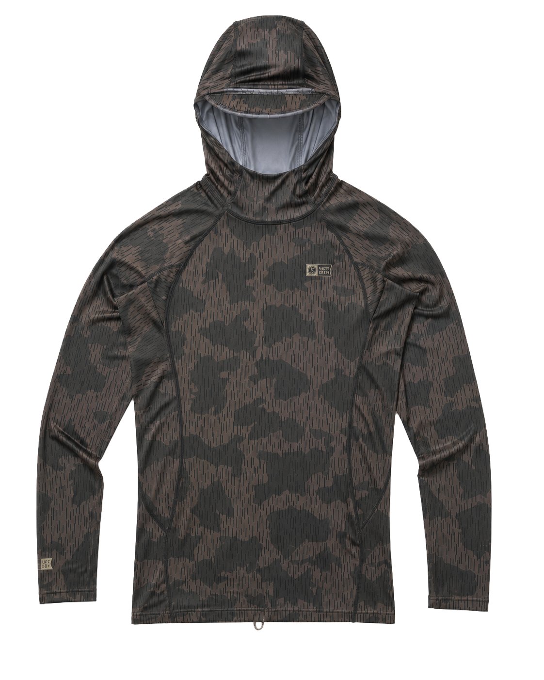 The Salty Crew Apex Hooded Rashguard in Recon Camo is a long-sleeve, lightweight surf hoodie with a dark brown and black camouflage pattern, shown laid flat on a white background. Its moisture-wicking fabric ensures you stay dry and comfortable throughout the day.