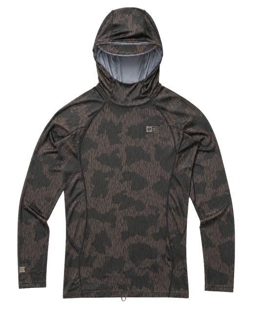 The Salty Crew Apex Hooded Rashguard in Recon Camo is a long-sleeve, lightweight surf hoodie with a dark brown and black camouflage pattern, shown laid flat on a white background. Its moisture-wicking fabric ensures you stay dry and comfortable throughout the day.