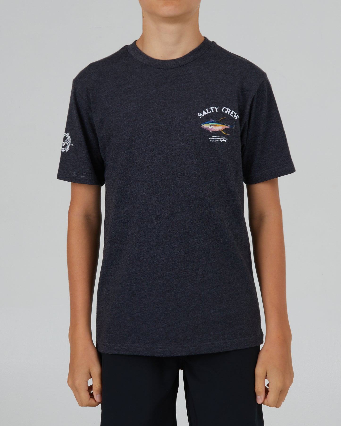 front view of Ahi Mount Boys Charcoal Heather S/S Tee