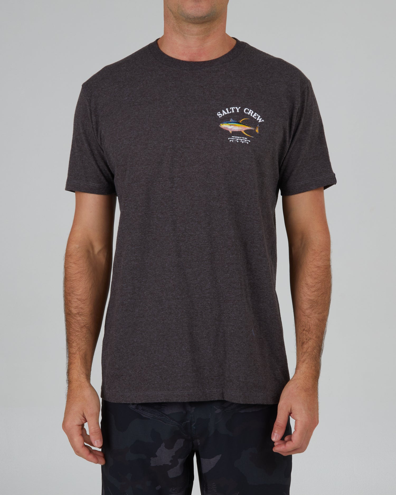 front view of Ahi Mount Charcoal Heather S/S Standard Tee