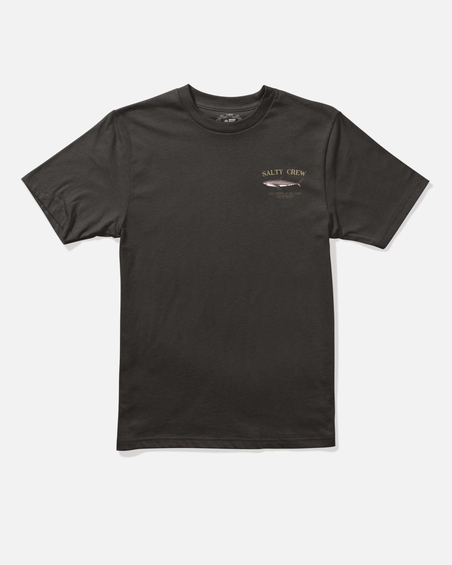 The Bruce Boys Tee - Black by Salty Crew is a 100% cotton short-sleeve t-shirt featuring a small Salty Crew logo and a screenprinted fish graphic on the left chest.