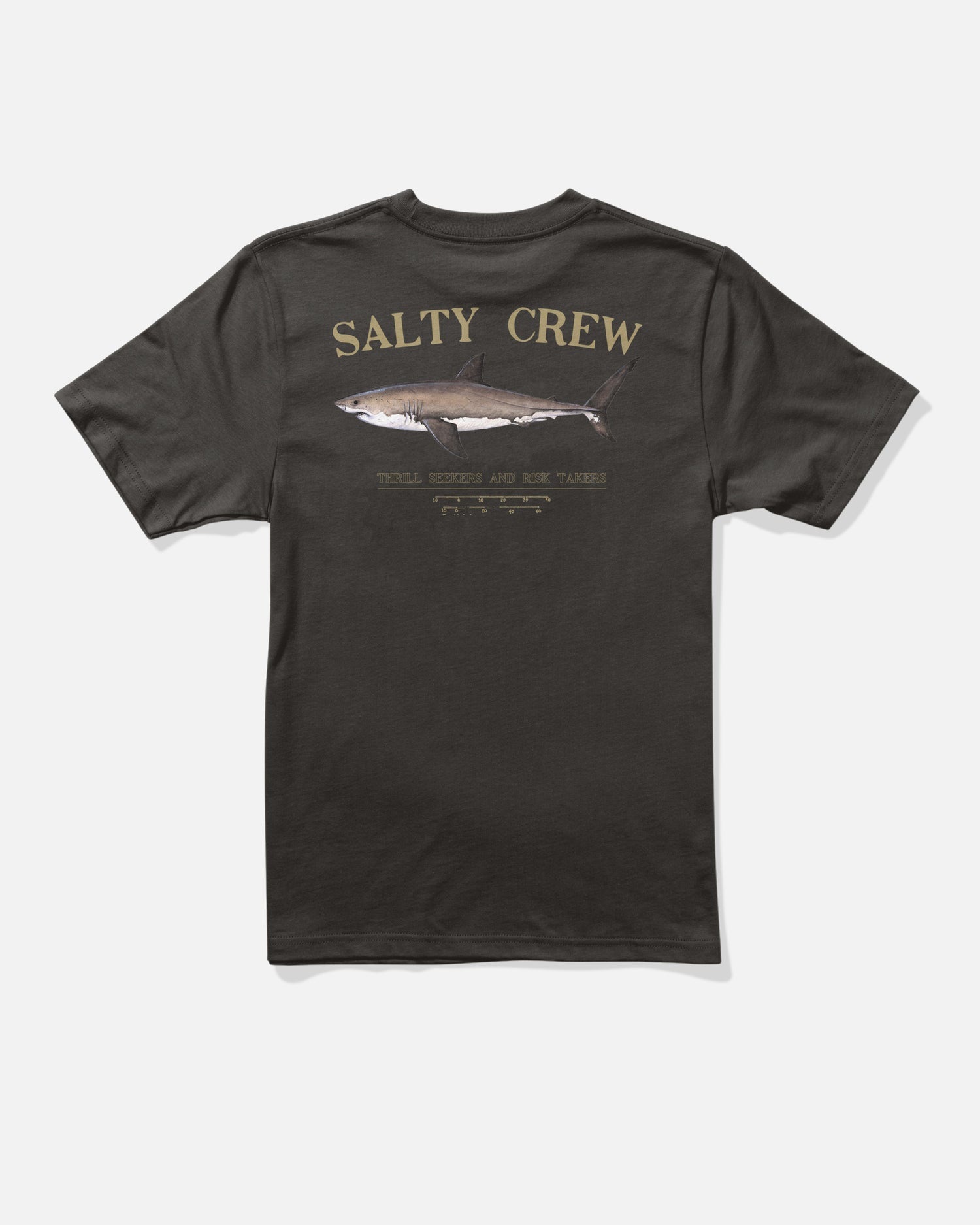 The Salty Crew Bruce Boys Tee in black is a 100% cotton shirt featuring bold yellow "SALTY CREW" lettering above a screenprinted fish, with the phrase "Thrill Seekers and Risk Takers" below.