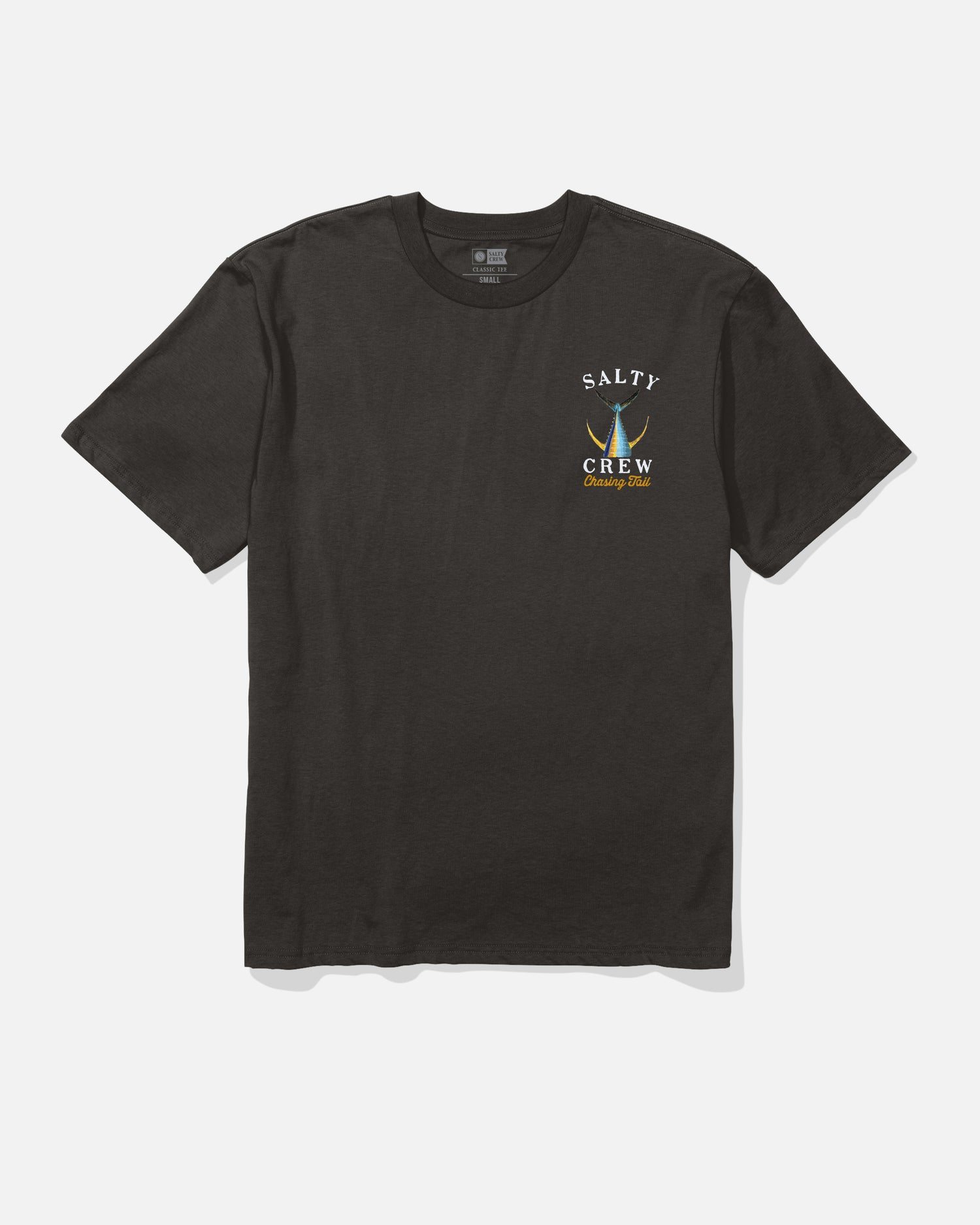 The Salty Crew Tailed Classic Tee - Black is a soft spun 100% cotton t-shirt featuring a small "Chasing Tail" logo with two fish hooks, screenprinted on the left chest. Displayed on a white background.