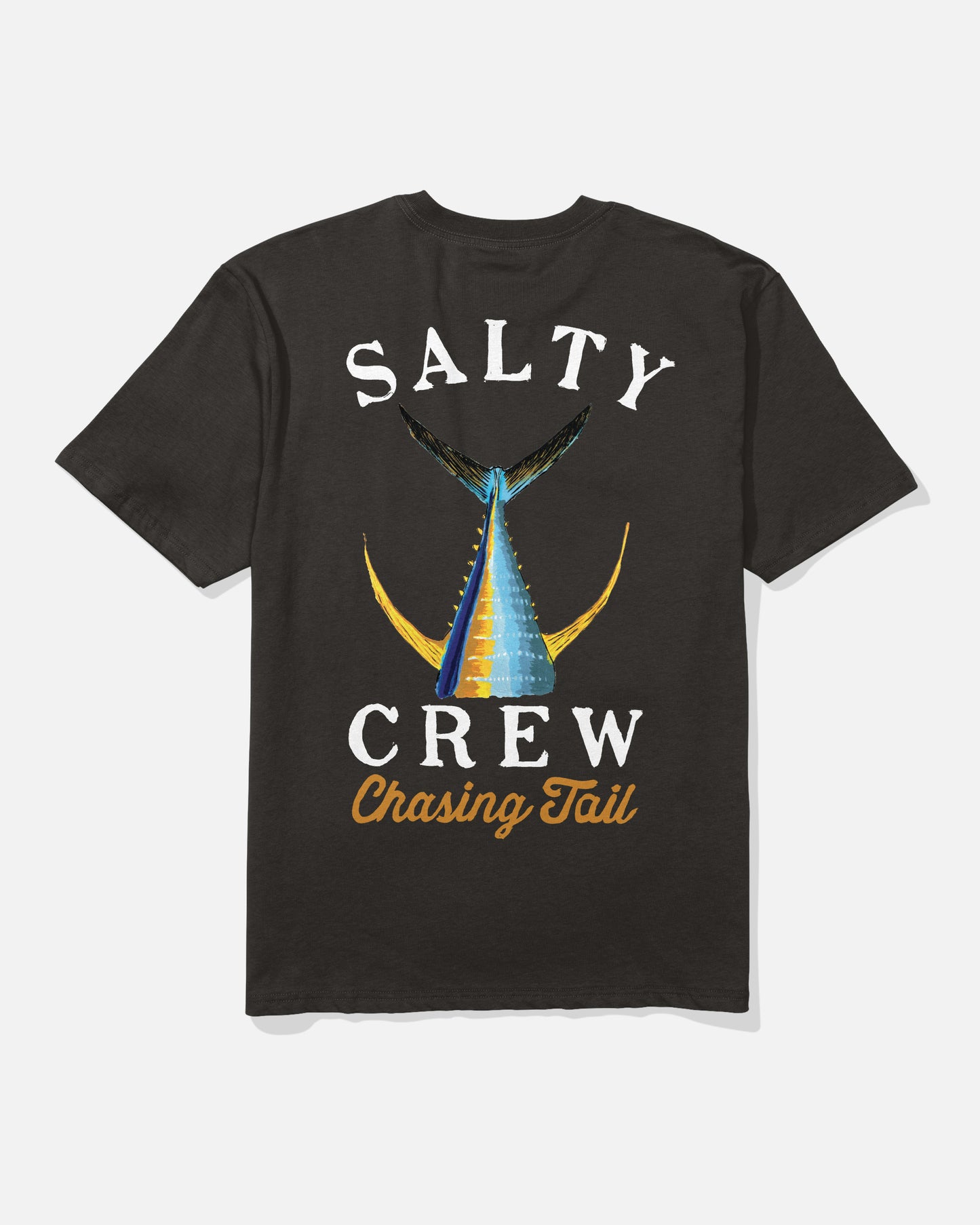 The Salty Crew Tailed Classic Tee - Black is a 100% cotton shirt featuring a blue, yellow, and black fish tail graphic, SALTY CREW in white above and below, and "Chasing Tail" in orange cursive at the bottom.