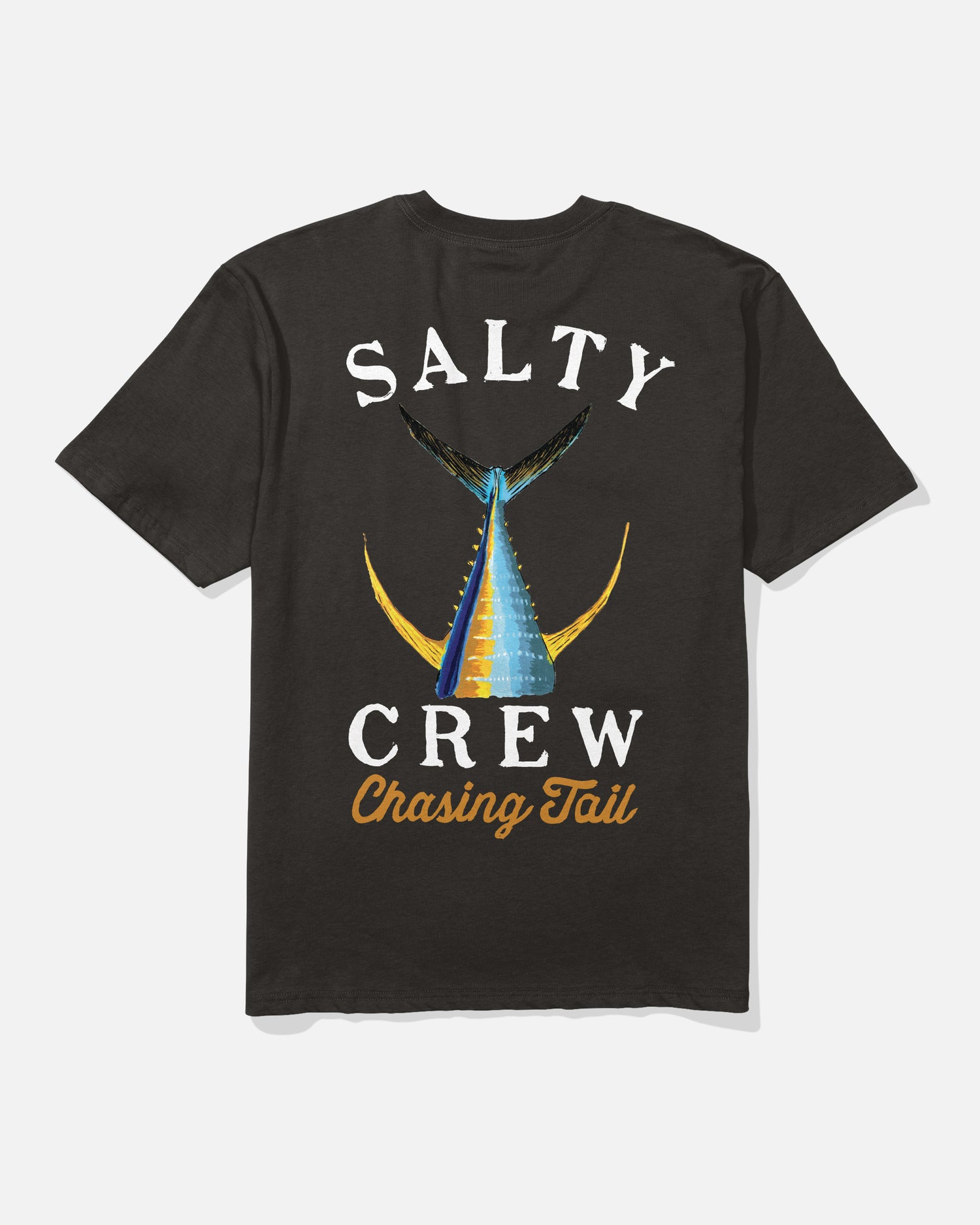 The Salty Crew Tailed Classic Tee - Black is a 100% cotton shirt featuring a blue, yellow, and black fish tail graphic, SALTY CREW in white above and below, and "Chasing Tail" in orange cursive at the bottom.