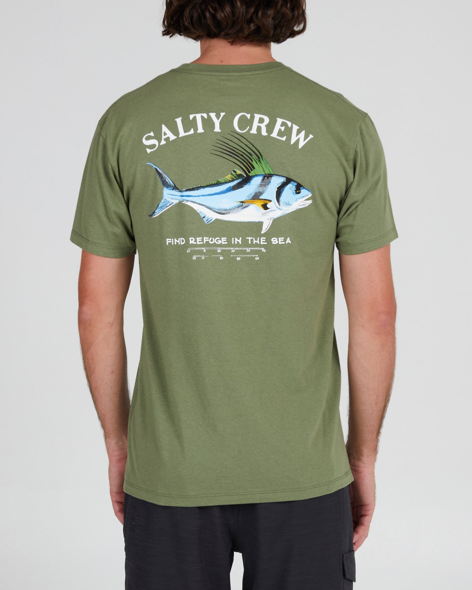 back view of Rooster Sage Green S/S Premium Tee