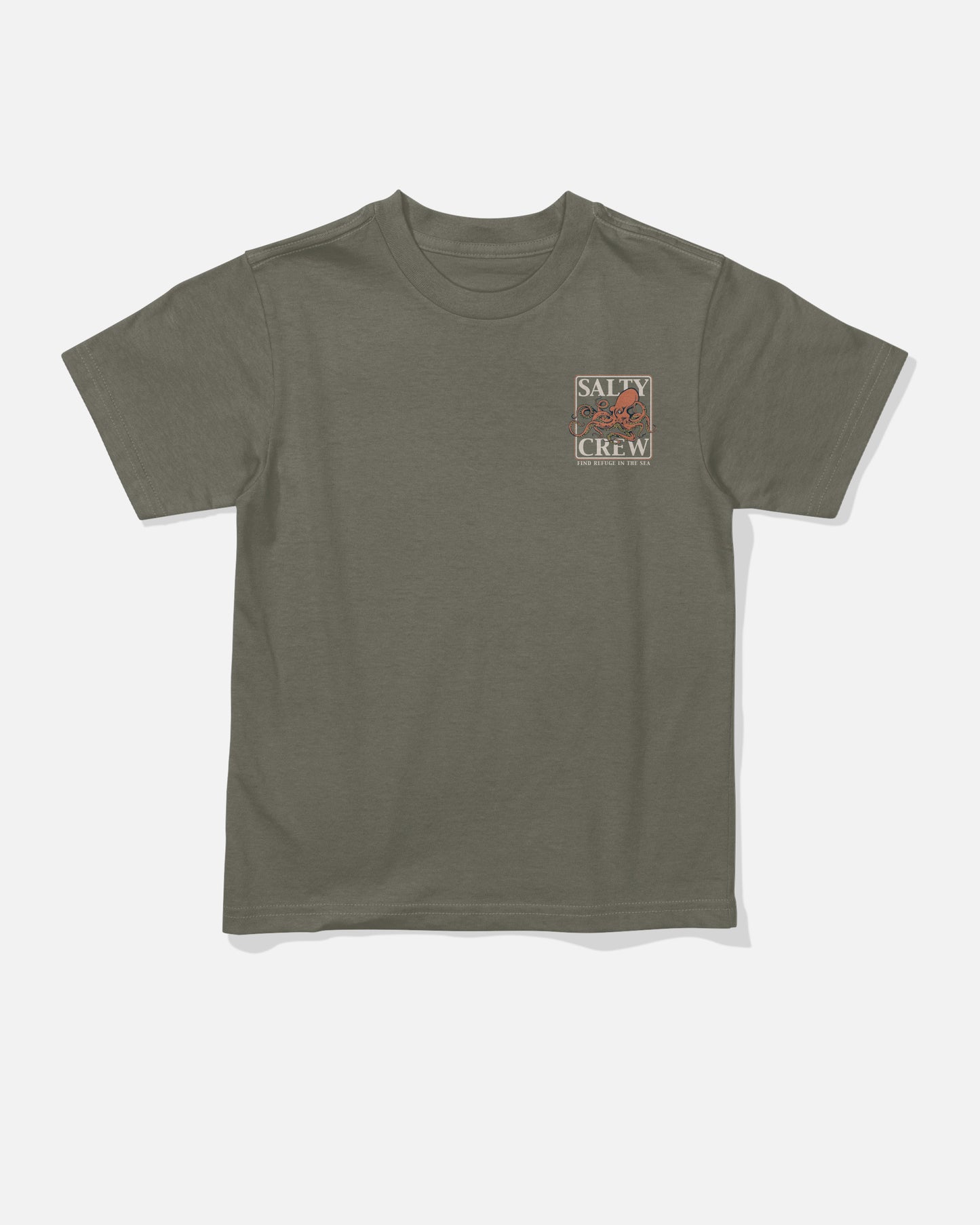 Front view of the Ink Slinger Toddler Tee - Dusty Olive. 