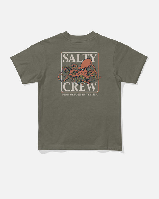 Back view of the Ink Slinger Toddler Tee - Dusty Olive. 