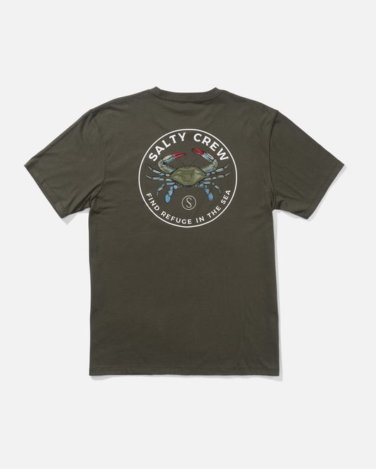 Back view of the Blue Crabber Premium Tee - Dusty Olive. 