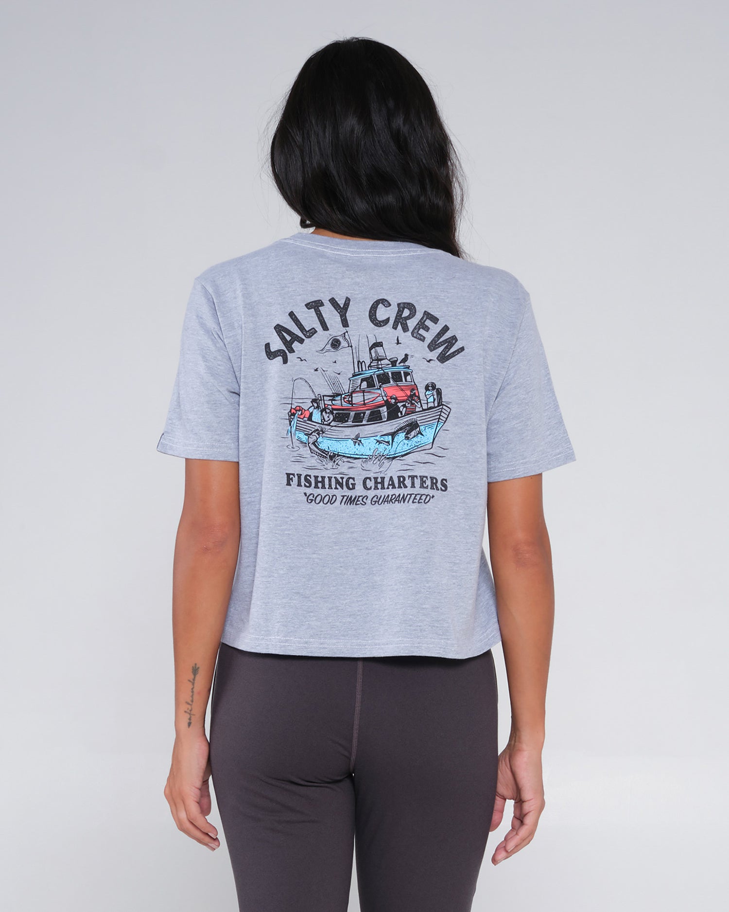 back view of Charter Athletic Heather Crop Tee