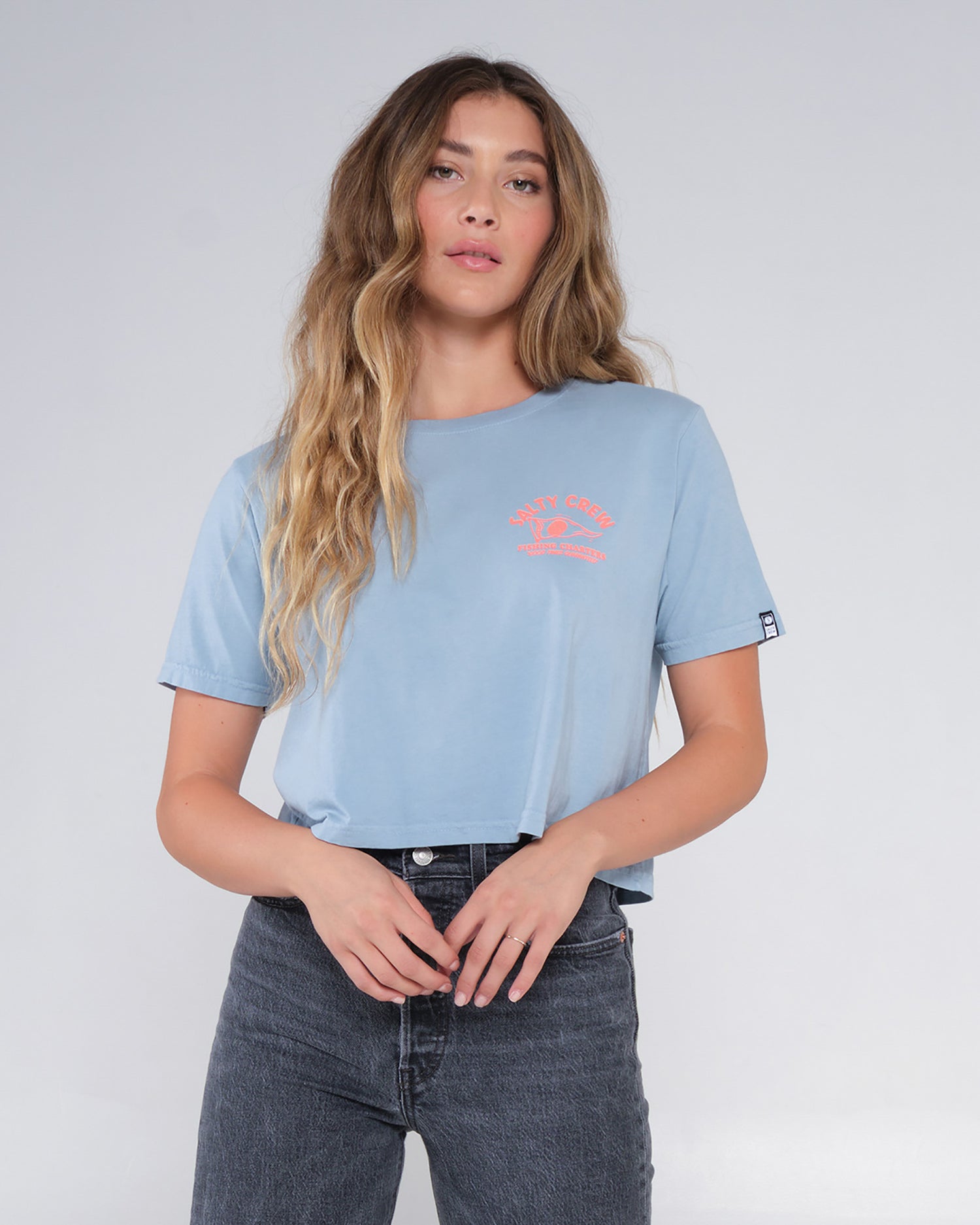 front view of Charter Tidal Blue Crop Tee