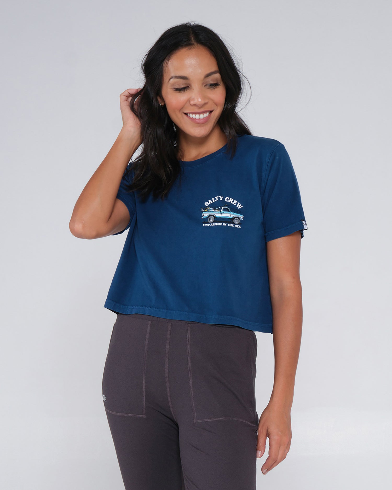 front view of Baja Days Blue Steel Crop Tee