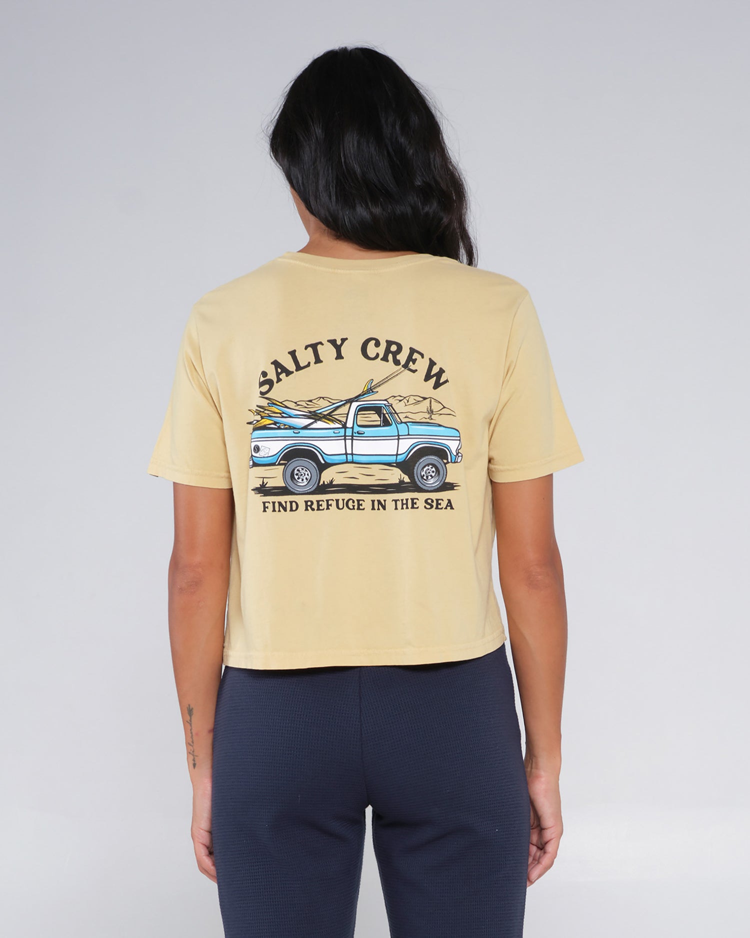 back view of Baja Days Desert Sun Crop Tee