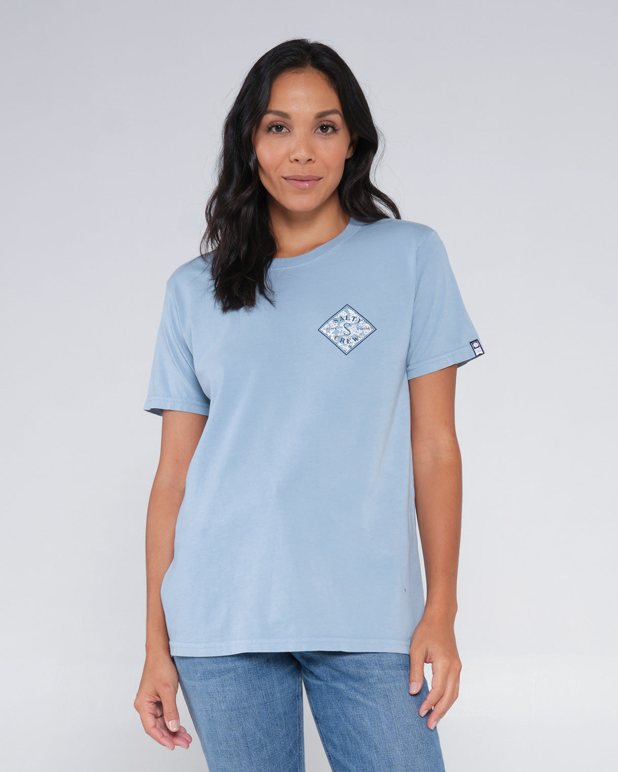 front view of Tippet Fill Tidal Blue Boyfriend Tee