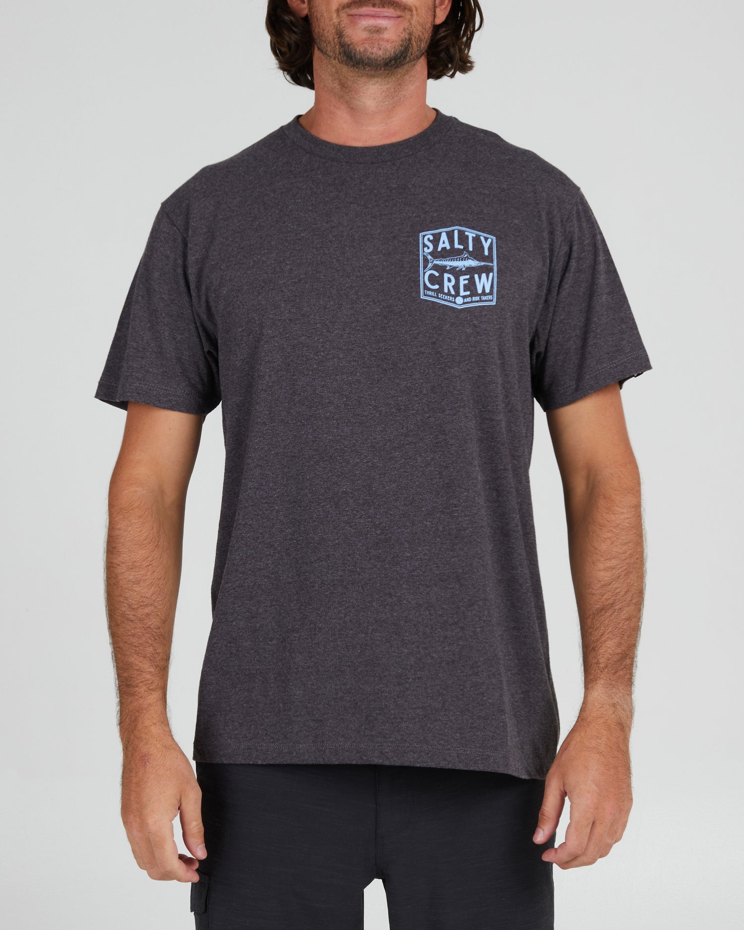 On body front of the Fishery Charcoal Heather S/S Standard Tee