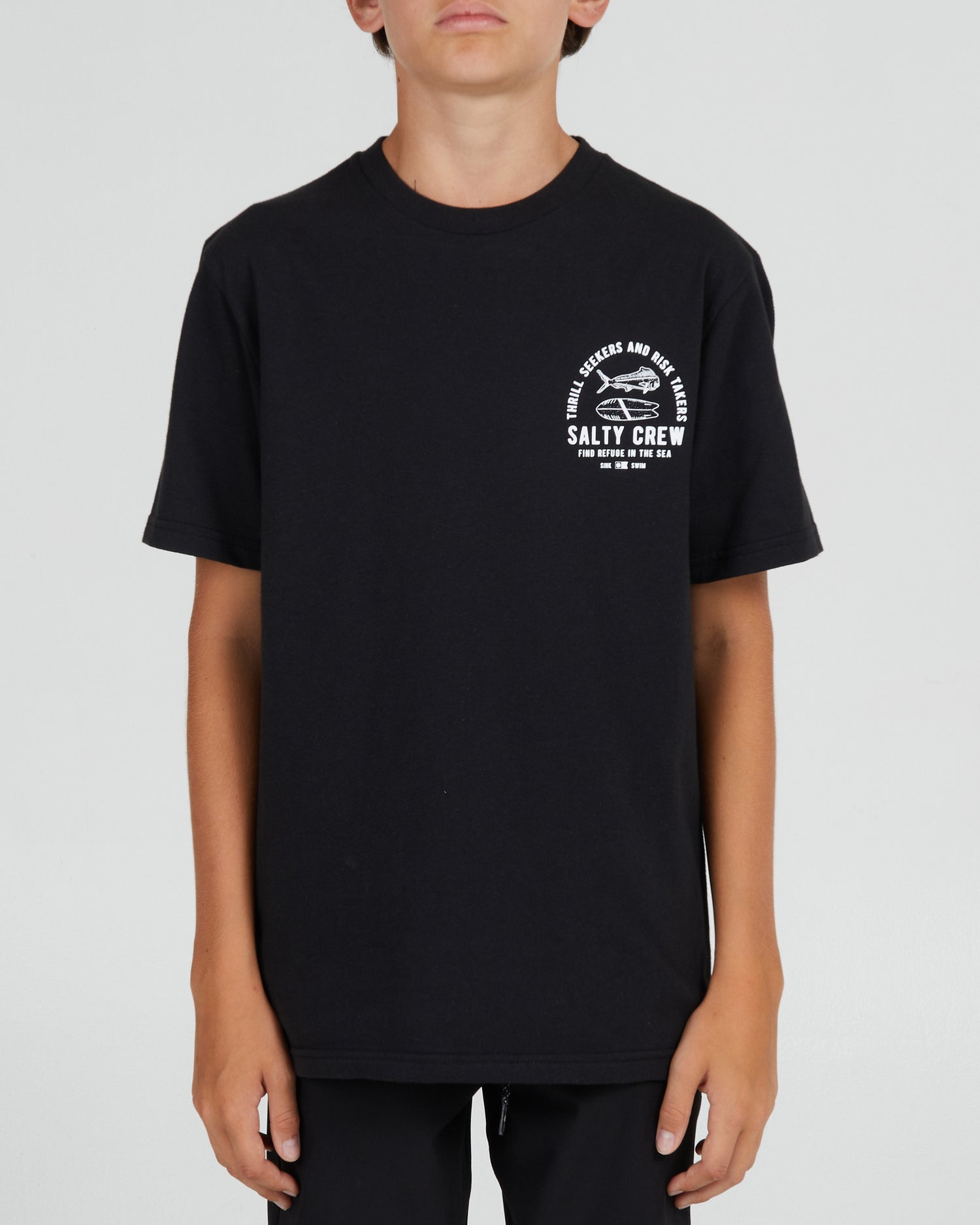 On body front of the Lateral Line Boys Black S/S Tee