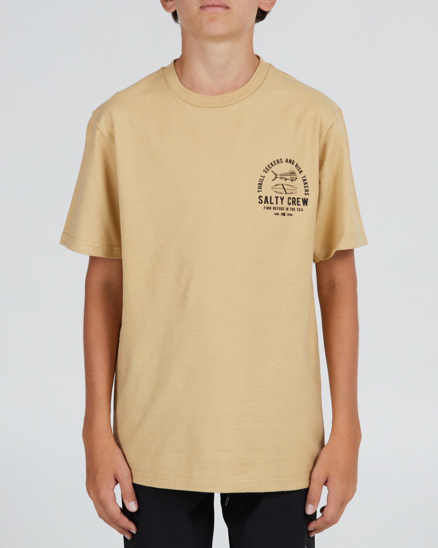 On body front of the Lateral Line Boy Camel S/S Tee